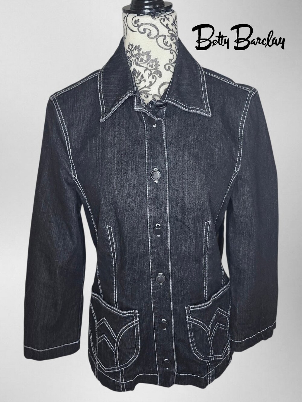 BETTY BARCLAY Black Denim Jacket with Contrast Stitching - 8